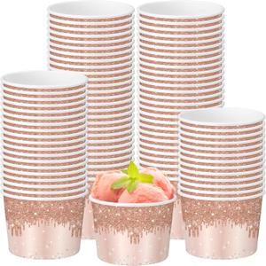 50 Pack Rose Gold Birthday Ice Cream Cups 9 oz Pink Golden Disposable Dessert Bowls Paper Soup Bowls Glitter Diamonds Snack Cups for Hot or Cold Food Women Birthday Anniversary Wedding Favor
