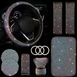 11 Pcs Bling Car Accessories Set,Bling Car Accessories Set for Women,Steering Wheel Cover for Women Universal Fit 15 Inch,Rhinestone Center Console Cover