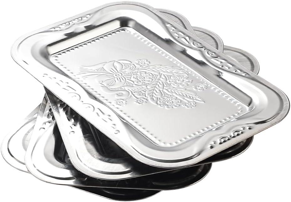4-Pack Silver Serving Trays Set - ZENOVLUX Lightweight Bow Floral Engraved Mirror Decorative Tray, 13.8" x 8.7" Party Platters for Easter, Food, Appetizer, Charcuterie, Cookies, Desserts