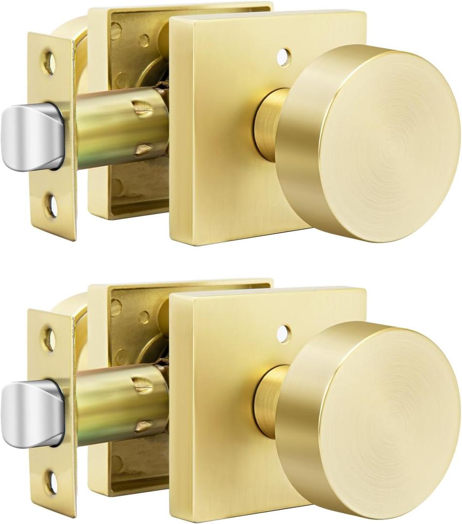 goldenwarm Gold Door Knobs Interior, Zinc Alloy Square Ball Brushed Gold Privacy Door Knobs for Bedroom, Bathroom,Heavy Duty Interior Door Knob Bulk - Modern & Stylish(2 Pack)
