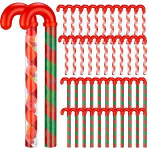 Soaoo 60 Pcs Christmas Candy Cane Shaped Tube Containers Bulk 12 Inch Empty Holiday Candy Tubes with Red Topper Christmas Plastic Crutch Container for Candy Chocolate Stocking Filler