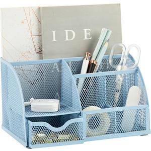 Annova Mesh Desk Organizer Office with 7 Compartments + Drawer/Desk Tidy Candy/Pen Holder/Multifunctional Organizer (New Blue 23)