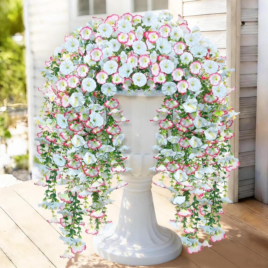 Artificial Hanging Flowers for Outdoors, 2 PCS 300 Blooms UV Resistant Morning Glory Faux Silk Vines, No-Odor Realistic Fake Plants for Garden Planter Porch Patio Decoration, Blue & White