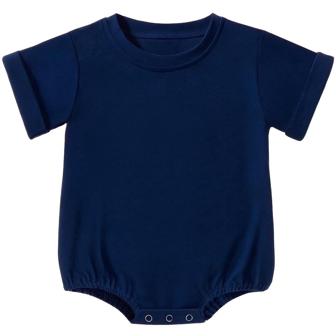 XUILOG Baby Boy Girl Bubble Romper Short Sleeve Bodysuit Solid Color Clothes T-Shirt Oversize Tops Crewneck OutfitNavy Blue, 18-24M (Blue)