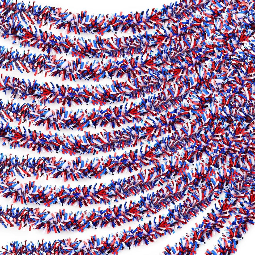 24 Pcs 157 Feet 4th of July Tinsel Garland Red White Blue Patriotic Garland Glitter Independence Day Metallic Garland for Independence Day 4th of July Memorial Day Decoration