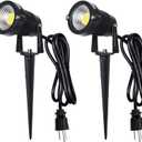 LED Landscape Spotlight Outdoor,IP65 Waterproof Garden Spotlights,5W AC 120V Yard Flood Light,Metal Ground Stake Lawn Lights,6500K LED Spotlight with 1.5M UL-Listed Cord and 3-Plug (2 Packs)