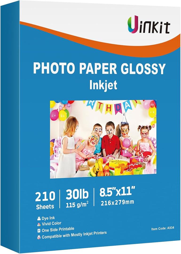 Uinkit 30lb Thin Flyer Paper Glossy 8.5x11 Inkjet Single Side DIY Chip Bag 115gsm Photos Picture for Inkjet Printer with Dye Ink Letter size A4 Brochure (8.5x11x210)