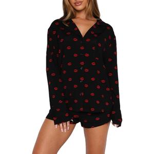 Women 2 Piece Pajamas Set Button up Long Sleeve Shirt and Shorts Lounge Set (L)