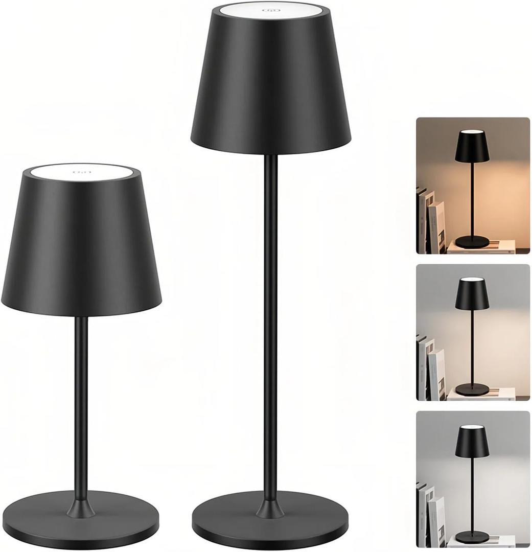 Rechargeable Cordless Table Lamp 2Piece Set Battery-Powered Wireless Desk Lamp Portable Indoor/Outdoor Desk Lamp for Camping, Dining Room, and Kitchen Black (Black Table Lamp Set 2 Pieces)