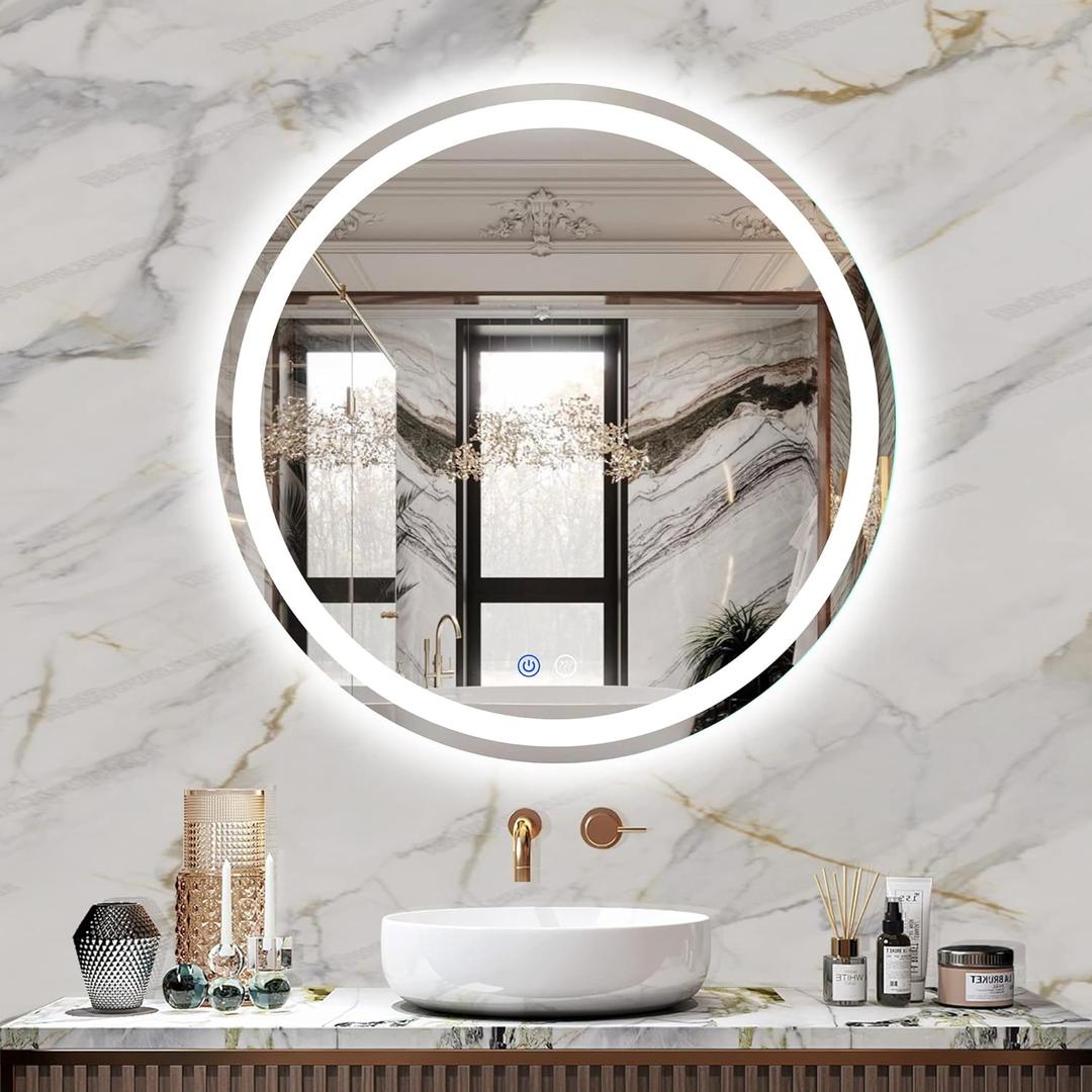 24" LED Bathroom Mirror Round Vanity Mirror, Anti-Fog, Dimmable, 3 Color Temperature, Memory Function Led Wall Mirror for Bathroom, Vanity, Shaving (Vertical/Horizontal)