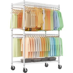 Himimi Double Rods Clothes Rack Heavy Duty,Adjustable Metal Garment Rack with Wheels,Portable Clothing Rack for Hanging Clothes, Closet Rack for Bedroom Laundry Room, 45" W×20.5" D×80.5" H, White