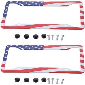 BYOBYO 2Pcs American Flag License Plate Frame 12x6inch Car Classic Red Blue Flag Pattern Frames Covers USA Flag License Plate Holder 4 Holes Car Parts Decorations, 12.40x6.38in
