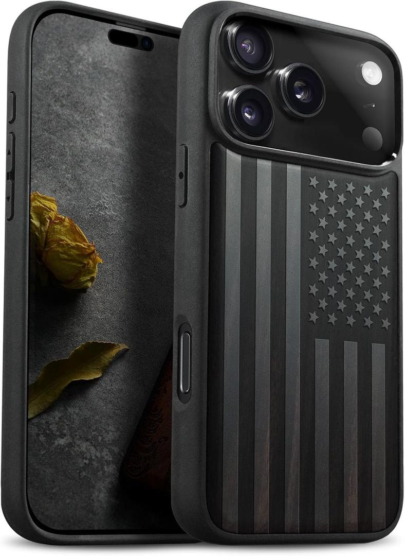 Carveit Magnetic Wooden Case for iPhone 17 Pro Case, Wood Artisan Engraved & Black Soft TPU Shockproof Cover, Compatible with MagSafe Wireless Chargers (The Classic American Flag) Blackwood