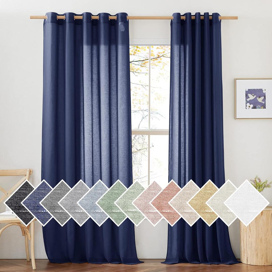 NICETOWN Linen Textured Sheer Curtains 96 inch Long for Living Room, Privacy Chic Sheer Curtains Window Treatment Translucent Drapes for Farmhouse/Cottage, W70 x L96, Dark Blue, 1 Pair
