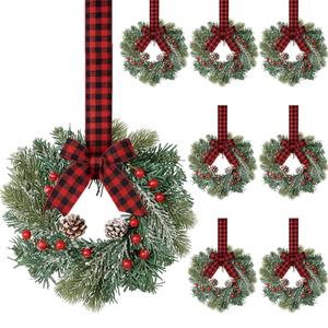 Jexine 8 Pieces Mini Christmas Wreaths for Kitchen Cabinet Small Christmas Candle Rings Wreaths Pillars Candle Rings Table Centerpieces Hanging Garlands for Front Door Window Decor (No Red Ribbon)