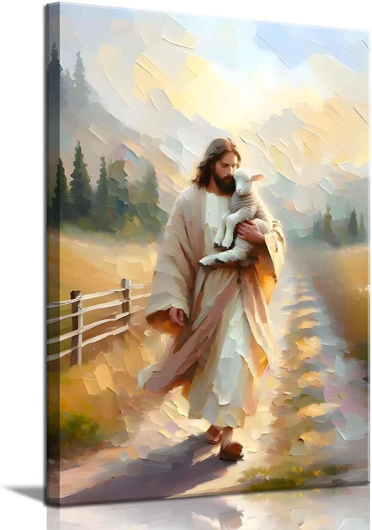 SUAXTCCR Jesus and Lamb Canvas Wall Art Jesus Finds the Lost Lamb Prints Christian Bible Story Wall Decor Pictures God Faith Religious Artwork for Living Room Bedroom Church Decoration, 12x16in