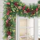 Pre-lit Christmas Garland 9FT with 100 Warm Lights, Battery Operated Xmas Garland with Pine Cedar Cones & Red Berries, Christmas Decoration for Mantle Fireplace Stair Railing Porch (Evergreen Glow)