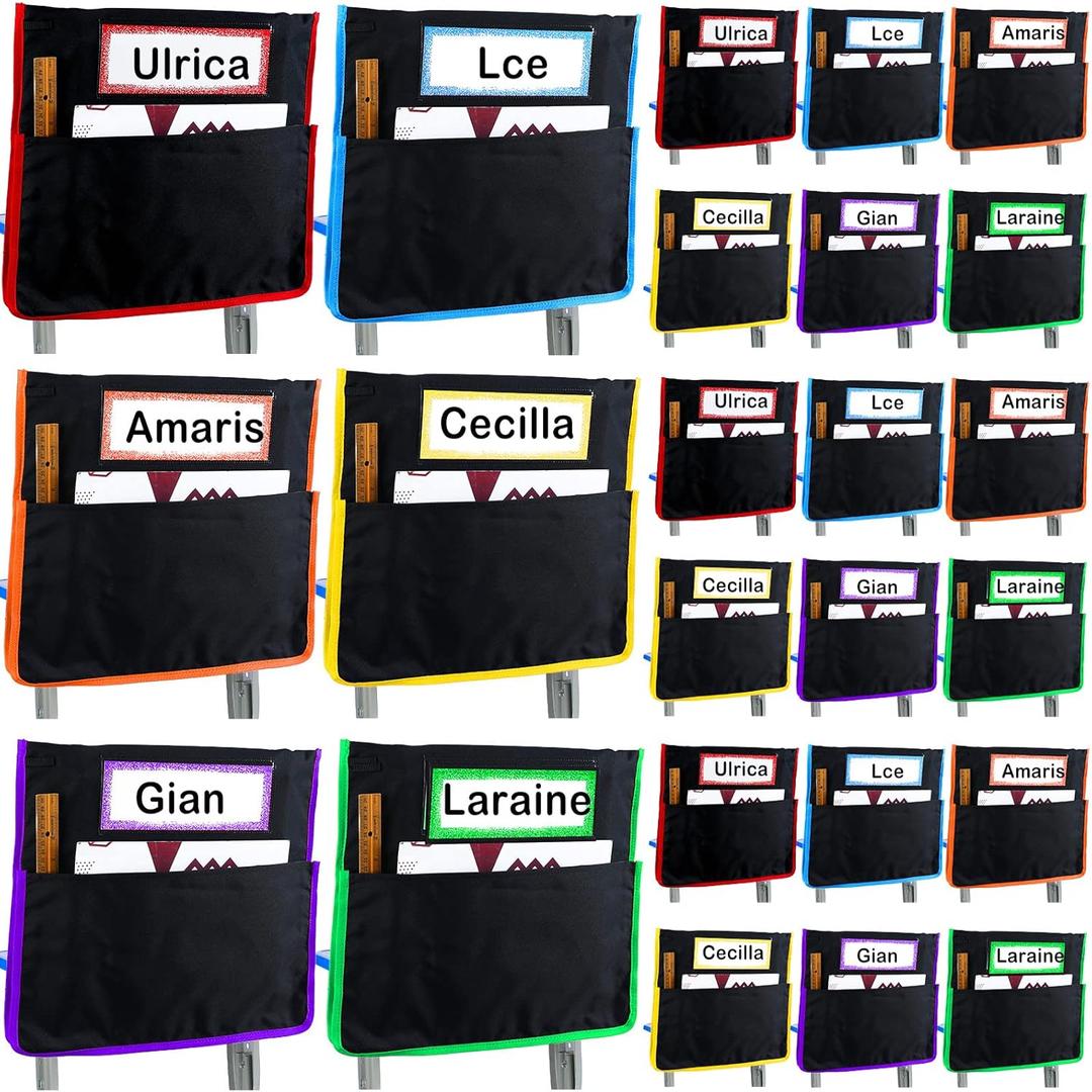 16 x 17 Inch Pocket Chart Seat Back Organizer Classroom Student Chair Pockets Organizer with Name Tags and Personalized Stickers for Keeping Student Book School Table Organized (24 Set)