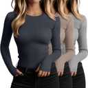 Huukeay 3 Pack Women's Cotton Ribbed Long Sleeve Tops with Thumb Holes, Crew Neck Undershirt Slim Fit Stretchy Layering Shirt (Medium, Light Gray, Khaki, Dark Gray)