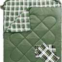 ShinHye Double Sleeping Bag for Adults with 2 Pillows, Camping Sleeping Bags Flannel Cotton 2 Person Sleeping Bags XXL Queen Size Sleeping Bag for Cold Weather (Green1, 92"62")