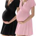 Neer 2 Pack 3 in 1 Labor Delivery Hospital Gown Robe, Women's Maternity Cross Wrap V Neck Dress Nursing Nightgown Sleepwear (X-Large, Black, Pink)