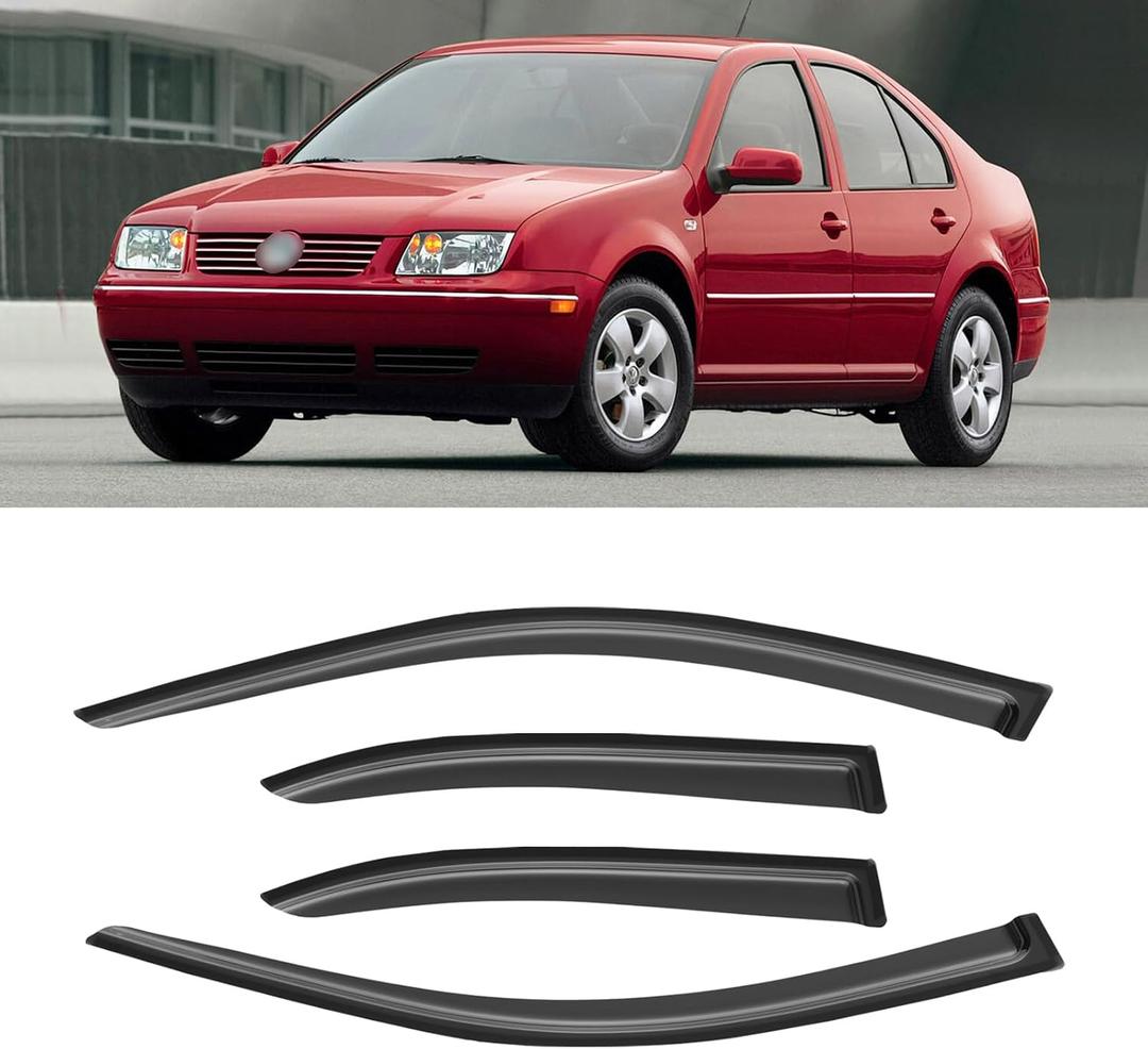 Window Visor for 1999-2005 Volkswagen VW Jetta, Out-Channel Rain Guards Shields Vent Deflector Shade Wind Dark Smoke 2000 2001 2002 2003 2004, Tape-On Outside-Mount, 4PCS