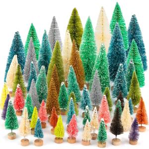 ONESING 50 Pcs Mini Xmas Tree, Bottle Brush Trees with Wooden Base Artificial Small Christmas Pine Tree 5 Sizes Tiny Pine Tree Christmas Sisal Snow Trees for Home Tabletop Christmas Decorations