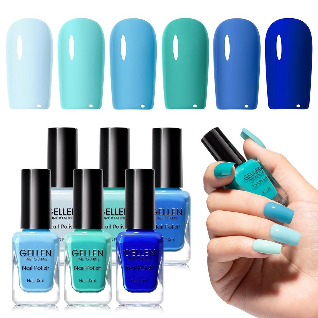 GELLEN Teal Green & Blue Nail Polish, Quick Air Dry Non-Gel Regular Nail Polish No Light Needed, 6-color Blue Set For Finger Toe & Fake Nails Home Salon Summer Winter | Toxin TPO HEMA Free