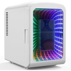 Antarctic Star Mini Compact Refrigerator with Gaming Light, 4L Capacity/6 Cans Portable Mini Fridge, for Bedroom,Car,Office and Dorm, Small Cooler for Cosmetics, Beverage and Food, White