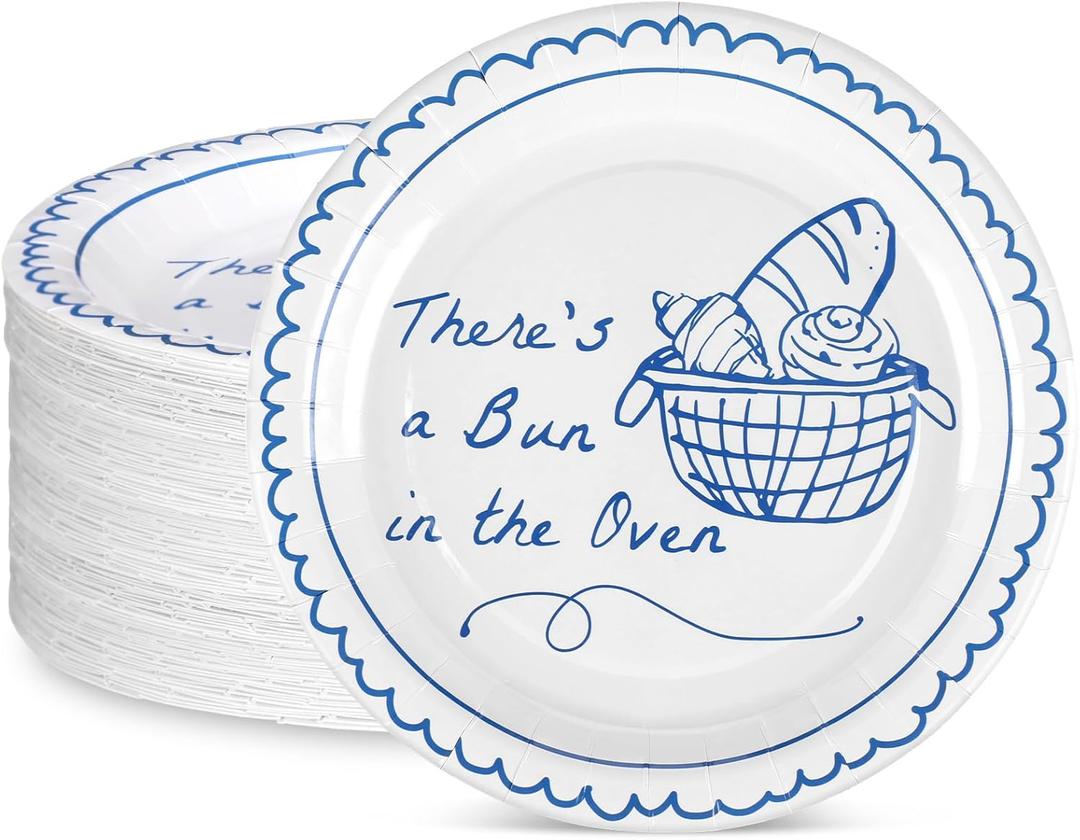 LemonRoad 48 Pcs 9 Inches Bun in the Oven Baby Shower Supplies Paper Plates Disposable Tableware Bun in the Oven Themed Announcement Baby Shower Decoration Hand Drawn for Bread Party