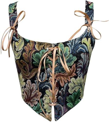 Dreay Womens Vintage Floral Print Grommet Lace Up Tie Front Corset Bustier Shapewear Top, 3XL