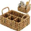 Glenmal Wicker Flatware Storage Basket Utensil Caddy Hand Woven Divided Cutlery Holder Kitchen Utensil Organizer Water Hyacinth Silverware Organizer with Handle for Countertop Party (Rectangular)