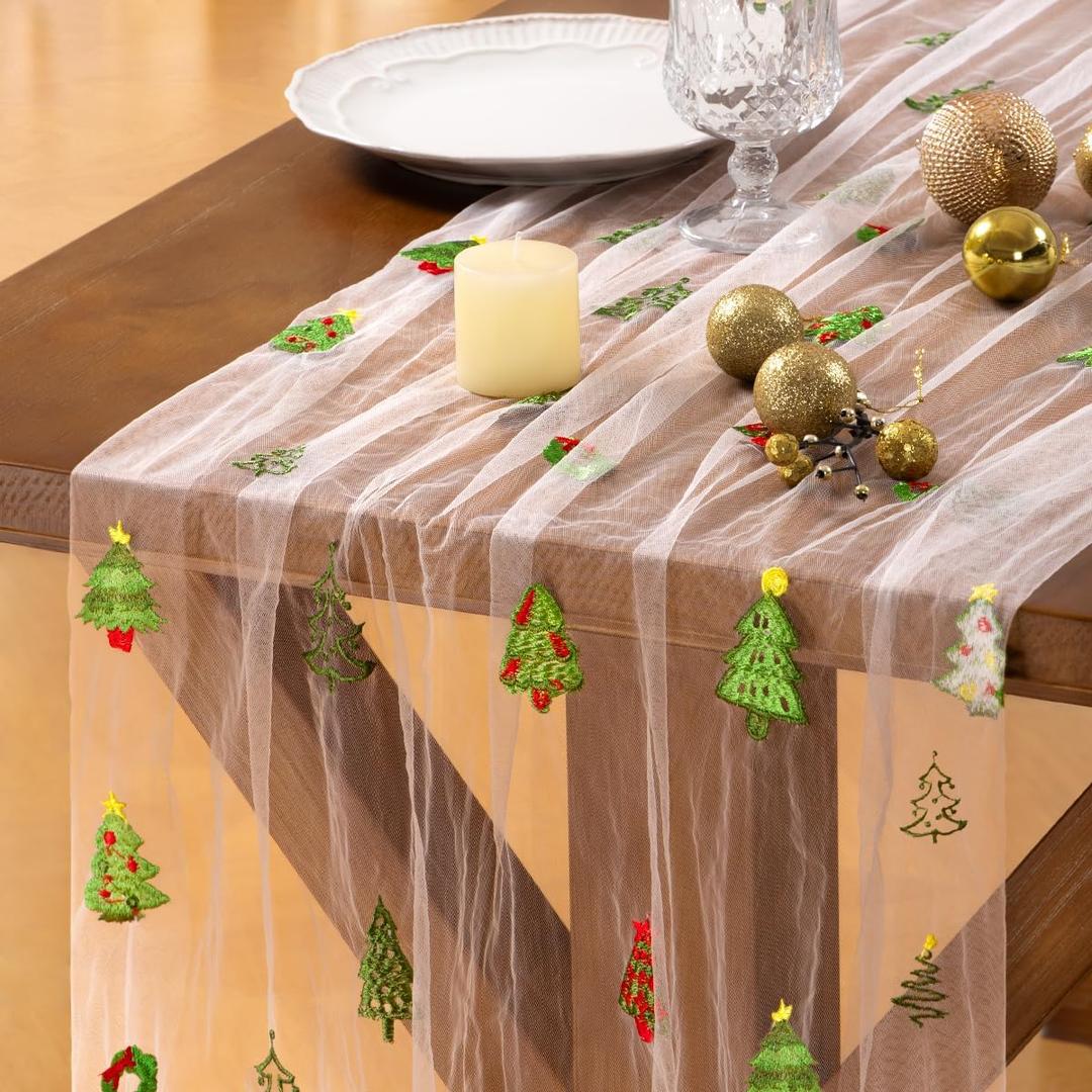 Socomi 3pcs Christmas Table Runner Tulle Gauze Cheesecloth Embroidery Sheer Table Runners for Winter Wedding Party Baby Shower Birthday Holiday Picnic Home Decor (10ft x 3pcs, Xmas Tree)