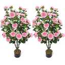 2 Pack 42" Artificial Camellia Tree with 36 Blooming Flowers Faux Floral Trees Tall Plastic Potted Fake Plant for Indoor Outdoor Office Shop Home Room Porch Front Door