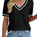 Rapbin Womens Short Sleeve Sweater Summer V Neck Tops Casual Knit Shirts Lightweight Pullover Top (Black, M)