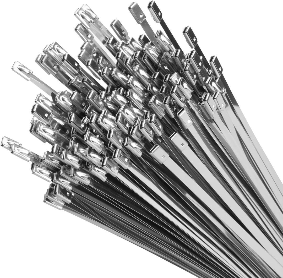 XINGO 11.8 Inch Metal Zip Ties (200 Pack), 304 Stainless Steel Heavy Duty Zip Ties, 300lbs Tensile Strength, Multi-Purpose Self-locking Cable Ties for Exhaust Wrap, Outdoor and Canopy Etc