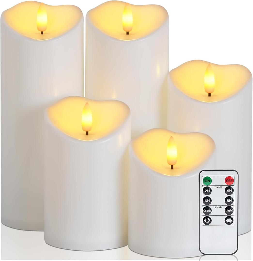 Raycare 3"x4"5" 6" 8" 8" Outdoor Waterproof Flameless Candles, Battery Operated LED Candles with Remote Control and Timer, Electric Fake Plastic Pillar Candles, Ivory White, Set of 5