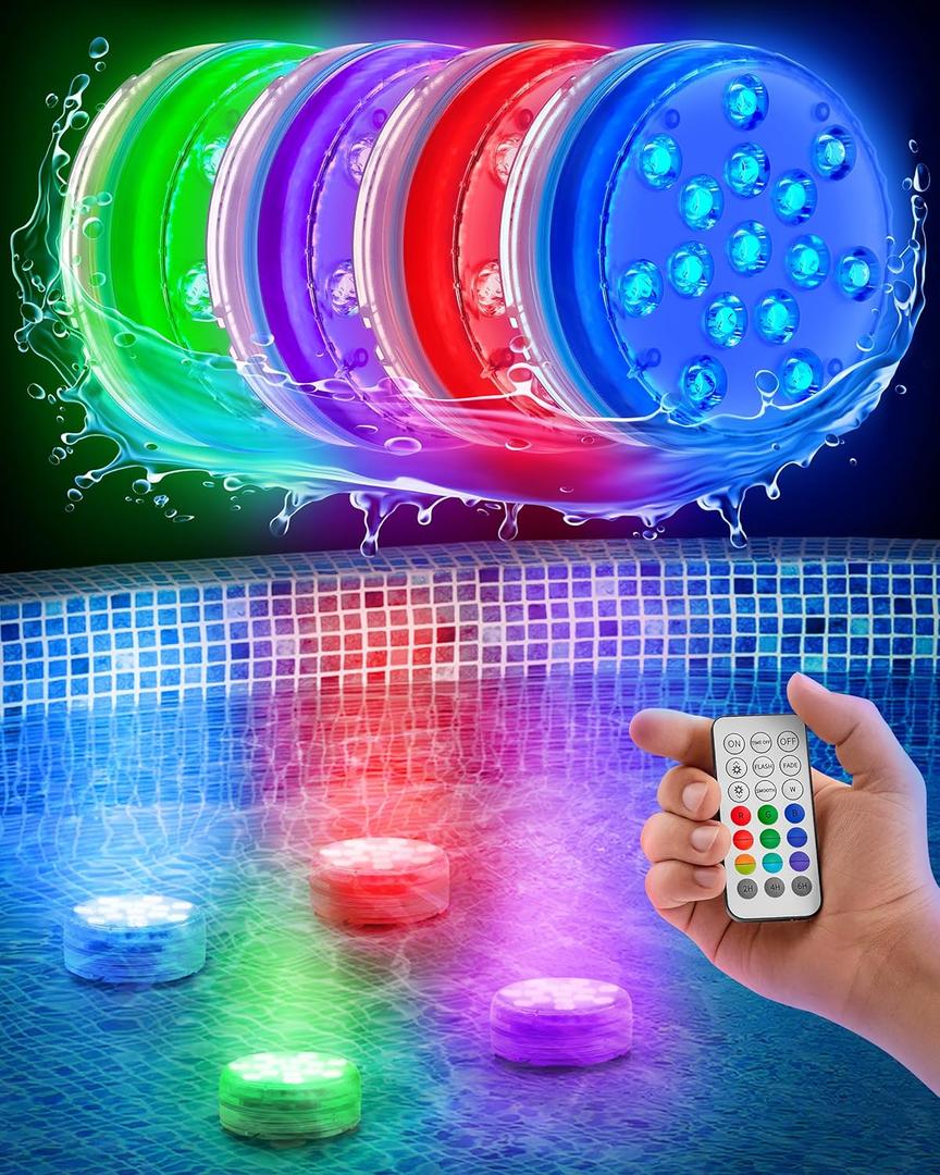 Yankee Submersible Pool Lights, Waterproof 15 Submersible LED Underwater Lights with Remote, 16 Colors, 3 Flash Modes, Timer, w/Suction Cups, Magnet, for Inground Pool (4 pcs)