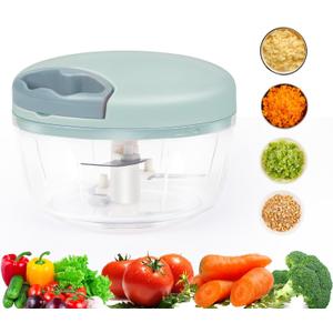 Garlic Chopper with Container, Manual Food Chopper Pull-String, Vegetable Onion Mincer, Hand Food Processor, Kitchen Cutter for Chili Ginger Herb Seasoning, Green 500ml