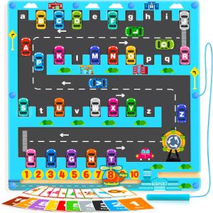 Magnetic Alphabet Maze Montessori Toys, Travel Toys for Boys Girls Ages 2 3 4, Learning Toy Fine Motor Skills Sensory Gifts for Toddlers Preschool with 20pcs Numbers Animals Cards