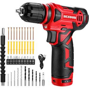 Cordless Electric Power Drill Set: DESOON 12V Cordless Drill with Battery, Lightweight Drills Tool Set for Men & Women, Red Electric Drill for Home Repair Furniture Assembly DIY Project Screw Driving
