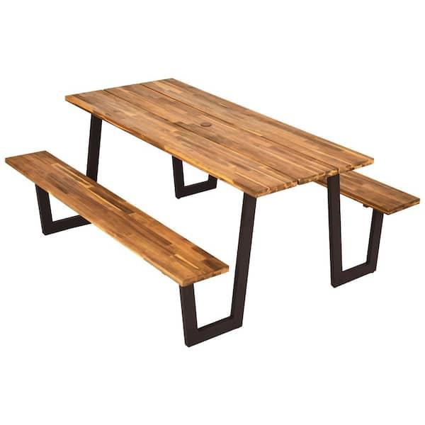 Natural Rectangle Wood Picnic Table Dining Table Set with 2 Bench Seats and Umbrella Hole Patented QD-6G353+