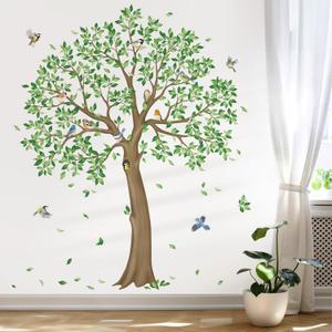 decalmile Large Green Tree Wall Stickers Falling Leaves Birds Wall Decals Living Room Bedroom Office Wall Decor(H: 59 inches/150 cm)