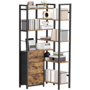 Corner Bookshelf, 7 Tier Bookcase with 3 Drawers, Storage Corner Shelf, Freestanding Tall L-Shaped Display Shelf, Industrial Style, for Living Room, Home Office, Rustic Brown and Black SJ10BR, 68 centimeters x 68 centimeters x 165 centimeters