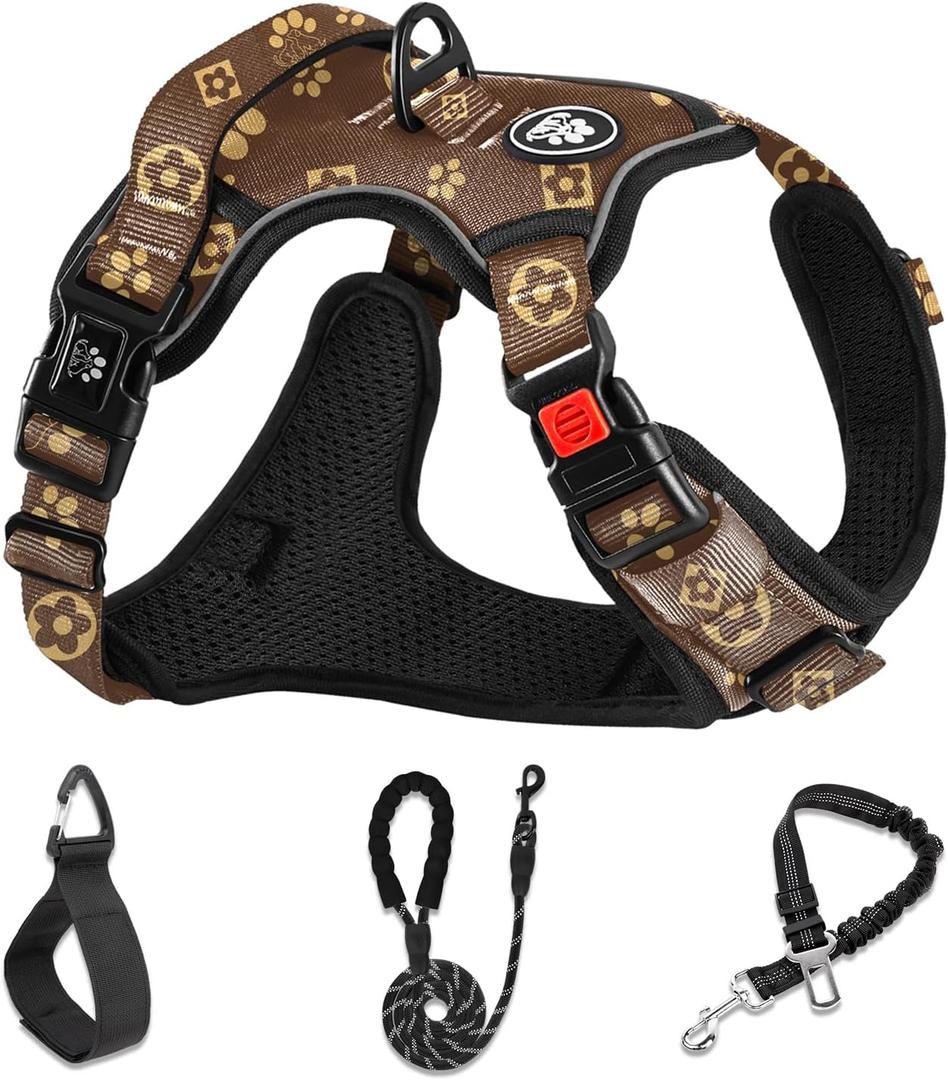 NESTROAD No Pull Dog Harness,Adjustable Oxford Dog Vest Harness with Leash,Reflective No-Choke Pet Harness with Easy Control Soft Handle for Small Dogs(Small,Dark Brown) (Sneck 11-15" chest 15-21")