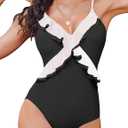 AI'MAGE One Piece Swimsuit for Women Tummy Control Ruffle Bathing Suit V Neck Push Up Swimwear S-XXL (Black/White)