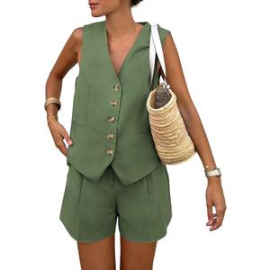 PRETTYGARDEN Women's Summer 2 Piece Outfits Sleeveless Matching Sets Button Down V Neck Vest Waistcoat and Pockets Shorts (Army Green) S PRETTYGARDEN Women's Summer 2 Piece Outfits Sleeveless Matching Sets Button Down V Neck Vest Waistcoat and Pockets Shorts (Army Green) S
