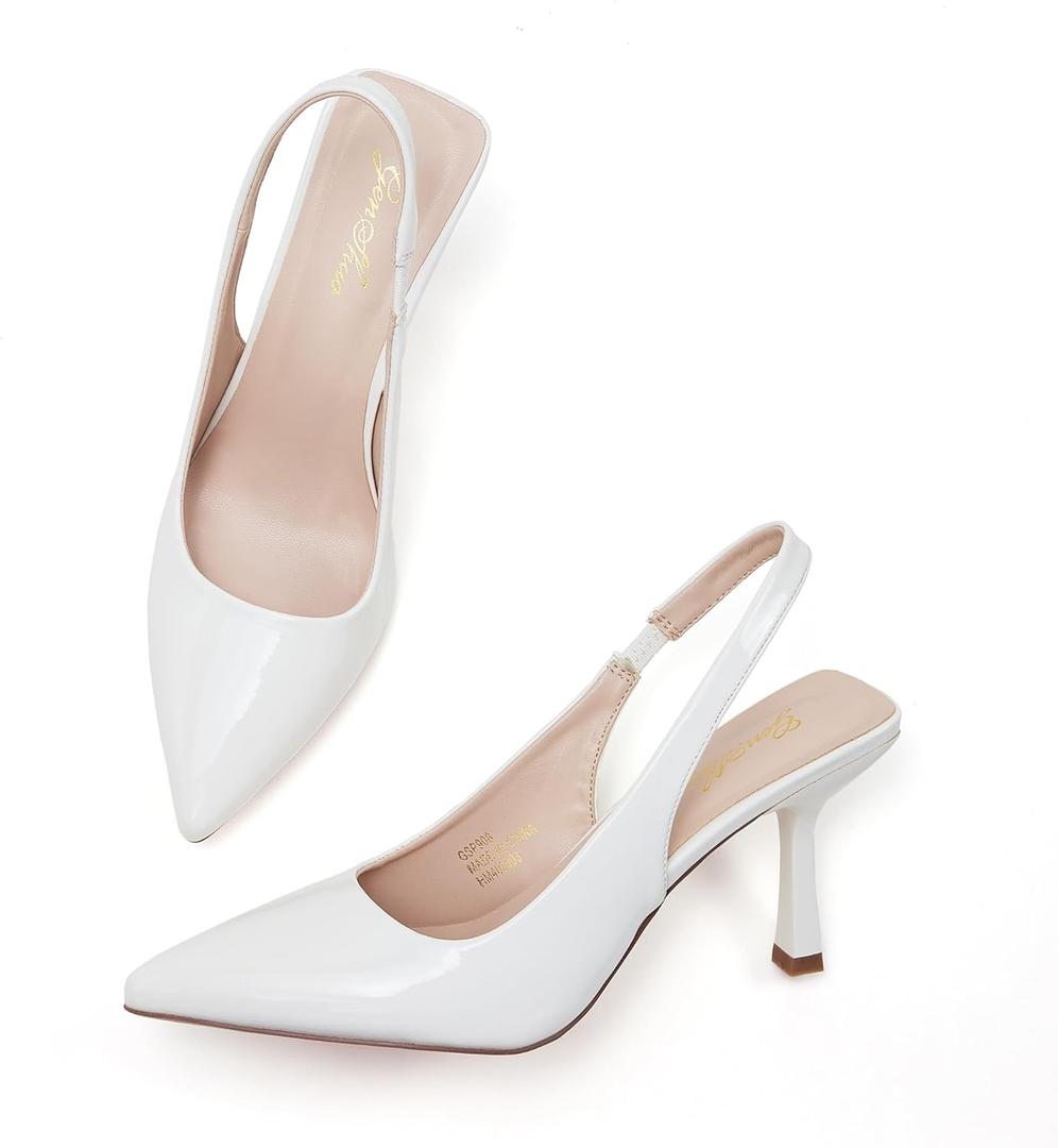 GENSHUO Women's Slingback Kitten Heel Pointed Closed Toe Stiletto Pumps Slip on Elastic Strap Wedding Party Dress Sandals Shoes (7, Patent White)