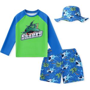 Boys Swim Sets Kids Rash Guard Long Sleeve Swimsuits Boys Quick Dry Bathing Suit  (Green, 10-11Y)