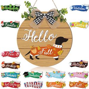 Glenmal 16 Pcs Seasonal Interchangeable Dachshund Door Decor Cute Replaceable Easter Welcome Sign Seasonal Farmhouse Front Door Signs Wood Home Sign (Brown)